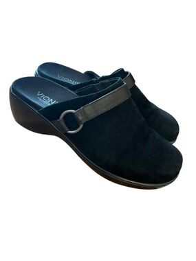 Vionic Orthaheel Collection Black Suede Slip-On Ring Detail Raised Clog Mules